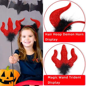 Halloween devil costume set with red sequin horn headband and matching trident wand