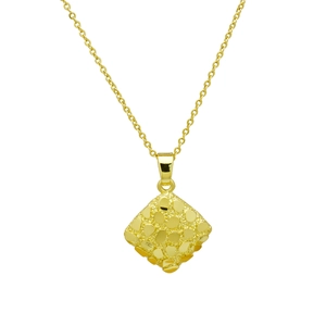 Detailed view of square 18k gold plated pendant necklace with textured geometric surface