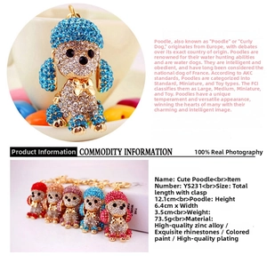 Detail showing colorful crystal poodle keychains made of zinc alloy and sparkling rhinestones