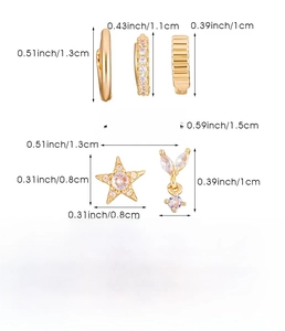 Detailed view of golden copper earring set with dimensions and star-shaped stud earring
