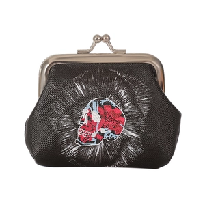 Black embroidered skull coin purse with floral pattern and silver metal clasp closure