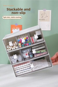 Detail view of white desktop drawer organizer with cute bunny handles for stationery storage