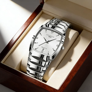 Silver quartz watch with rectangular dial and date display in luxury wooden gift box
