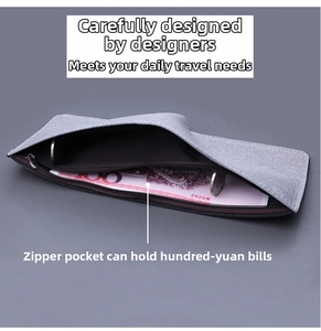 Internal view of men's slim canvas wallet showing banknote compartment and zipper pocket