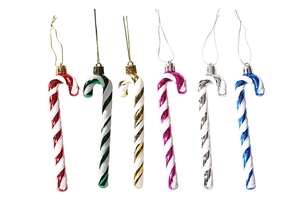 Detailed set of 6 glittery Christmas candy cane ornaments in assorted vibrant colors