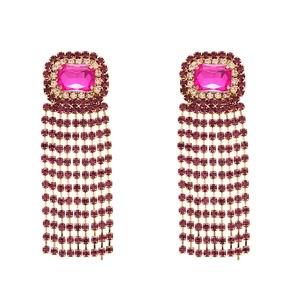French vintage rose red rectangular crystal tassel earrings with sparkling rhinestones