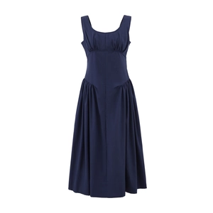 Navy blue sleeveless A-line dress with pleated details and elegant flared waist design
