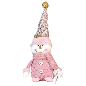Pink Christmas snowman doll with gold sequin hat and scarf for festive decoration