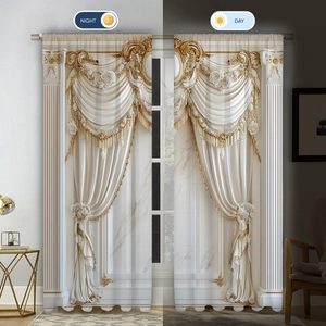 Detail of European luxury curtains showing day and night lighting effects on 3D fabric