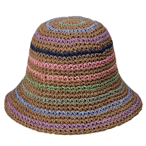 Handmade striped crochet straw sun hat for women featuring colorful knit stripes on beige base