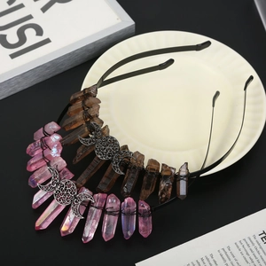 Handmade crown headband featuring pink and smoke crystals with Triple Moon metal symbol