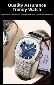 Detailed close-up of blue textured dial and octagonal stainless steel bezel on men's watch