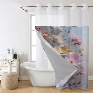 Close-up of waterproof fabric shower curtain with abstract floral print and metal grommets