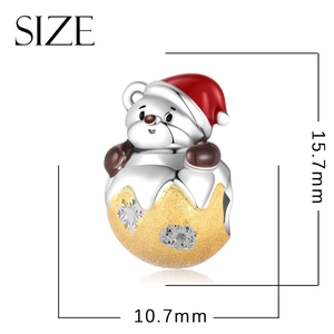 S925 sterling silver Christmas bear charm with red hat and golden snowflake pattern