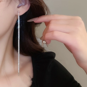 Detail view of long silver tassel earrings with shimmering crystals worn by a model