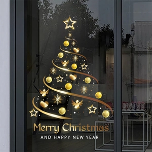 Christmas Window Sticker PVC Static Cling Reusable No Glue Glass Door Storefront Home Gold Tree Snowflake Holiday Decor