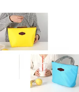 Detail view of portable insulated lunch bags with durable gray handles and zip closure