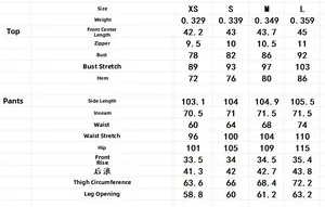 Size chart for women's two-piece resort set including cowl neck top and wide leg pants