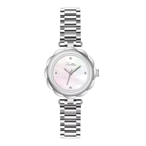 Elegant women's silver stainless steel watch with flower-shaped bezel and pearl dial