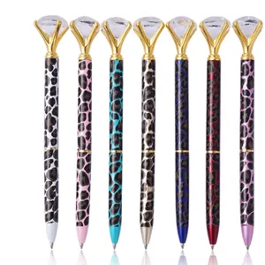Leopard Print Ballpoint Pen Metal Large Crystal Diamond Top Luxury Twist Action Stationery Writing Office School Gift