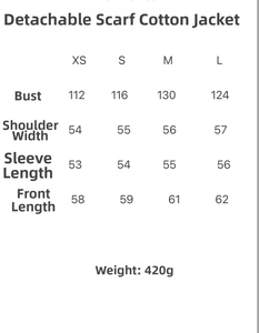 Detailed size chart for stand collar puffer jacket with detachable scarf measurements