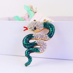 Chic gold-plated snake keychain with green enamel and sparkling crystal rhinestones