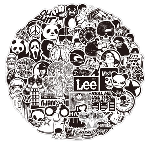Detailed close-up of waterproof black and white punk gothic graffiti stickers with diverse designs