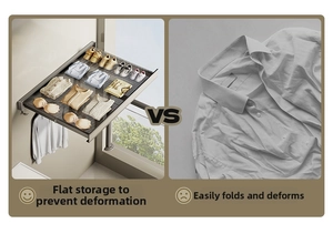 Detail showing wall-mounted mesh drying rack for flat drying vs wrinkled folded clothes