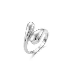 Polished silver teardrop open ring with a minimalist irregular wrap design for women