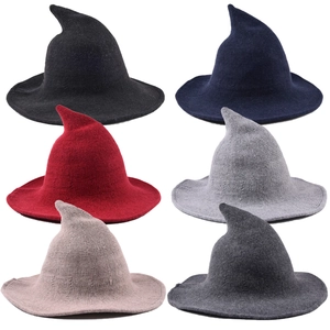 Knitted witch hats for Halloween in six colors including black red and grey