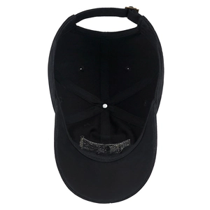 Black cotton baseball cap featuring an adjustable golden metal buckle and six-panel structure