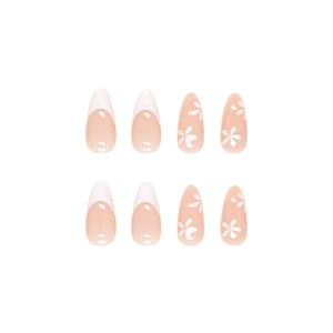 White French tip and floral pattern almond press-on nails set for elegant manicure