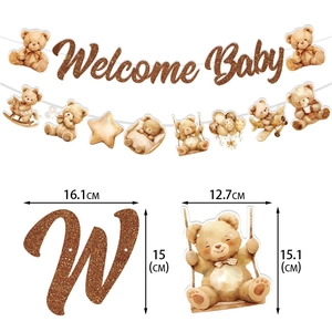 Banderole de baby shower ours en peluche avec texte scintillant Welcome Baby et oursons