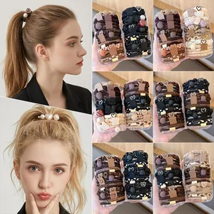Minimalist high elasticity hair tie set with cute charms in brown and black tones