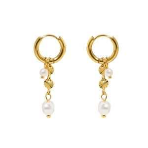 Elegant 18K gold plated long pearl drop earrings with radial textured disc charms