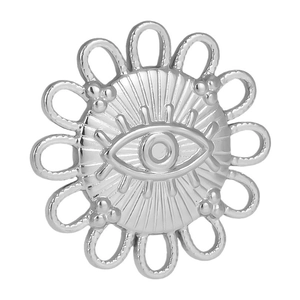 Polished silver stainless steel evil eye sunflower pendant charm on white background
