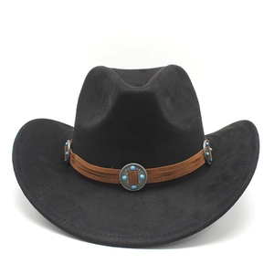 Classic black suede western jazz hat with brown leather band and turquoise accents