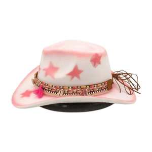 Detail of pink gradient cowboy hat with star print and bohemian braided band with shells