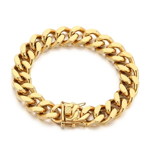 Gold stainless steel Cuban link bracelet for men with textured square pattern clasp detail