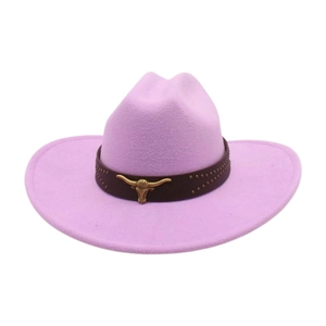 Détail d'un chapeau de cowboy en feutre lavande avec bande en cuir et emblème doré