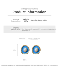 Detail view of oval pearl earrings with blue enamel, gold texture and product dimensions
