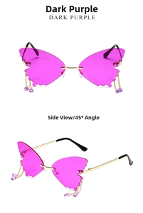 Detail of rimless butterfly sunglasses with dark purple lenses and metal tassel charms