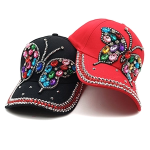Fashion baseball caps with rhinestone butterfly design in red and black colors