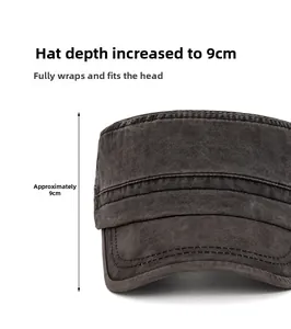 Detail of washed cotton military cap showing 9cm depth and reinforced stitching