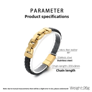 Detail view of 200mm black braided leather bracelet with gold stainless steel links