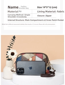 Detailed view of color-block PU leather crossbody bag showing dual zipper pockets