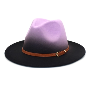 Modern purple and black gradient wool fedora hat with brown leather belt and gold buckle