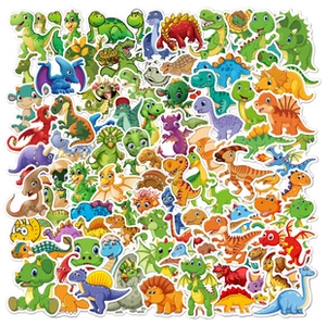 Detailed view of colorful cartoon dinosaur stickers set for laptop and luggage decor