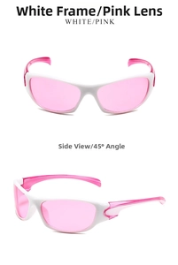 Vues de face et de profil à 45 degrés de lunettes de sport blanches aux verres roses