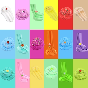 Colorful 60ml cotton butter slime kit with fruit slices and candy charms in grid display